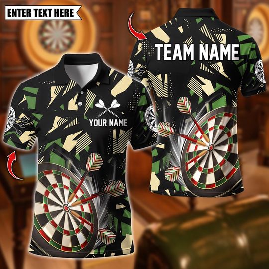 Personalized Name Dart Polo Shirt, Jungle Camo Dartboard Design, Custom Team Shirt for Men, Gift for Darts Players