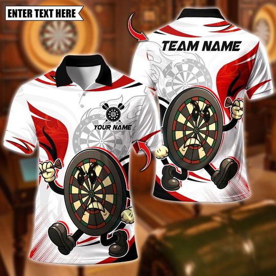 Discover Personalized Name Dart Polo Shirt, Cartoon Angry Dartboard Design, Custom Team Shirt for Men, Gift for Darts Players