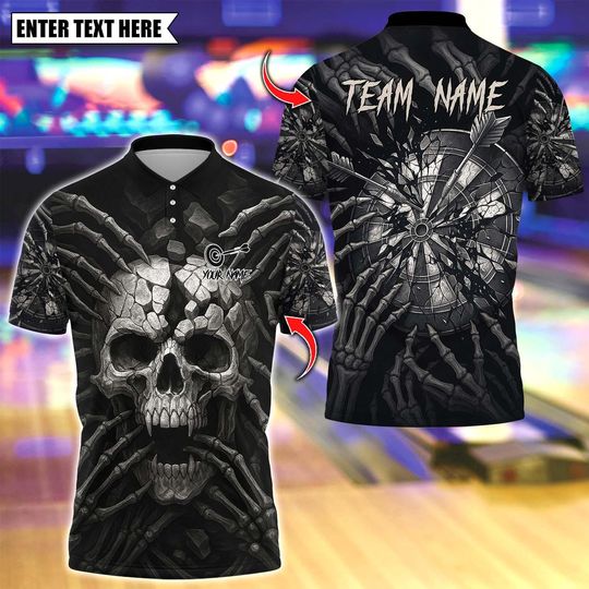 Discover Personalized Name Dart Polo Shirt, Dark Vibes Mystery Skull With Dartboard Design ,Custom Team Shirt for Men, Gift for Darts Players