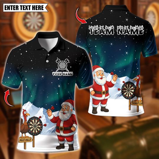 Discover Personalized Name Dart Polo Shirt, Funny Santa Playing Darts Design, Custom Team Shirt for Men, Gift for Darts Players