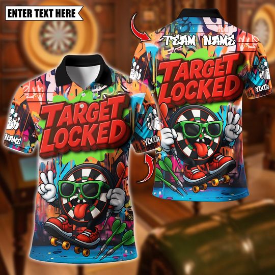 Discover Personalized Name Dart Polo Shirt, Target Locked Graffiti Dartboard Design, Custom Team Shirt for Men, Gift for Darts Players