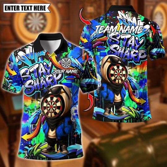 Discover Personalized Name Dart Polo Shirt, Graffiti Character Stay Sharp Dartboard Design, Custom Team Shirt for Men, Gift for Darts Players