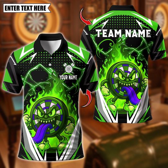 Discover Personalized Name Dart Polo Shirt, Cartoon Crazy Flame Dartboard Design, Custom Team Shirt for Men, Gift for Darts Players