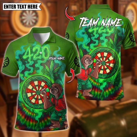 Discover Personalized Name Dart Polo Shirt, 420 CNB Slow Sloth Champion Dartboard Design, Custom Team Shirt for Men, Gift for Darts Players