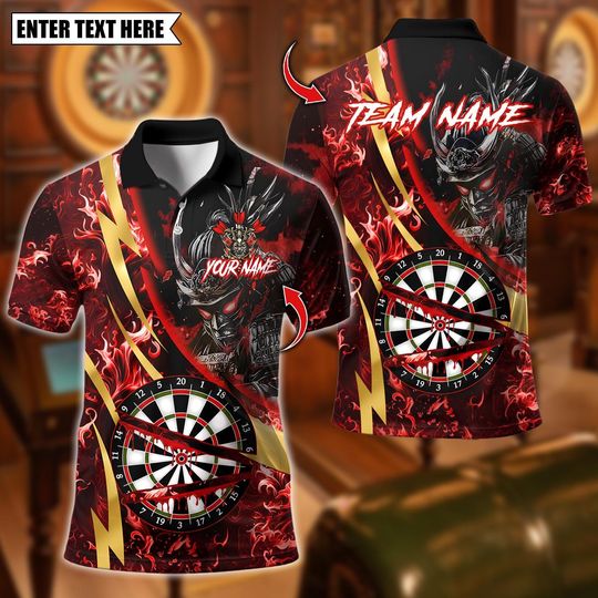 Discover Personalized Name Dart Polo Shirt, Samurai Line Gold Premium Fire Dartboard Design, Custom Team Shirt for Men, Gift for Darts Players