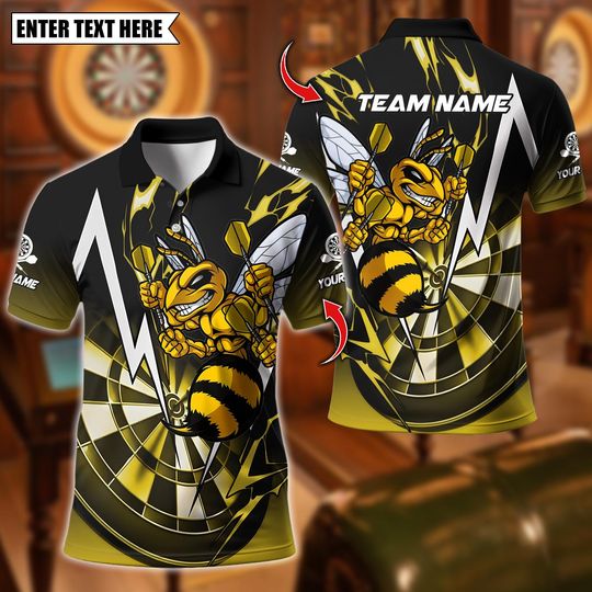 Discover Personalized Name Dart Polo Shirt, Yellow Hornet Power With Thunder Dartboard Design ,Custom Team Shirt for Men, Gift for Darts Players