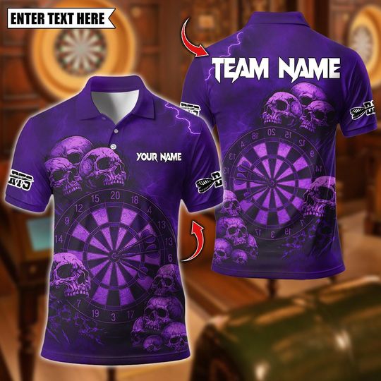 Personalized Name Dart Polo Shirt, Multi-Skull Dartboard Design Polo ,Custom Team Shirt for Men, Gift for Darts Players