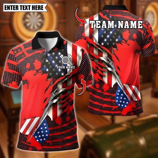 Discover Personalized Name Dart Polo Shirt, American Flag Dartboard Design Polo ,Custom Team Shirt for Men, Gift for Darts Players