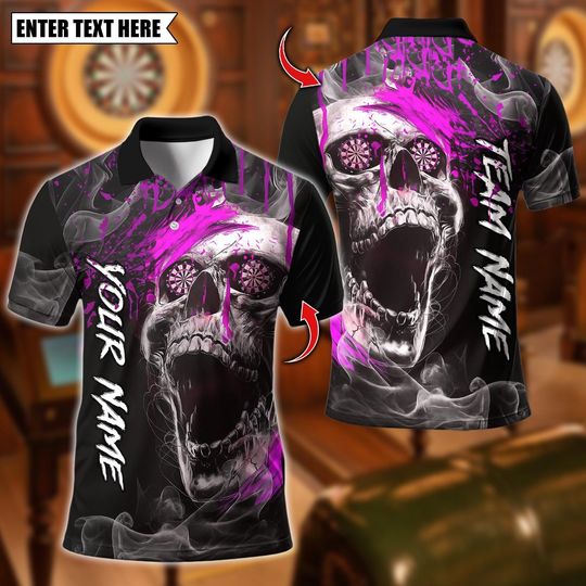 Discover Personalized Name Dart Polo Shirt, Horror Skull Smoke Fire Dartboard Design Polo ,Custom Team Shirt for Men, Gift for Darts Players