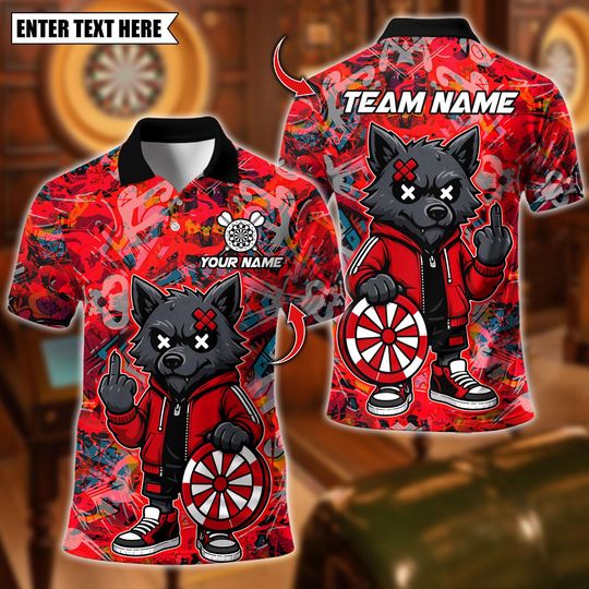 Discover Personalized Name Dart Polo Shirt, Dart Cartoon Wolf Graffiti Multicolor Options Design ,Custom Team Shirt for Men, Gift for Darts Players