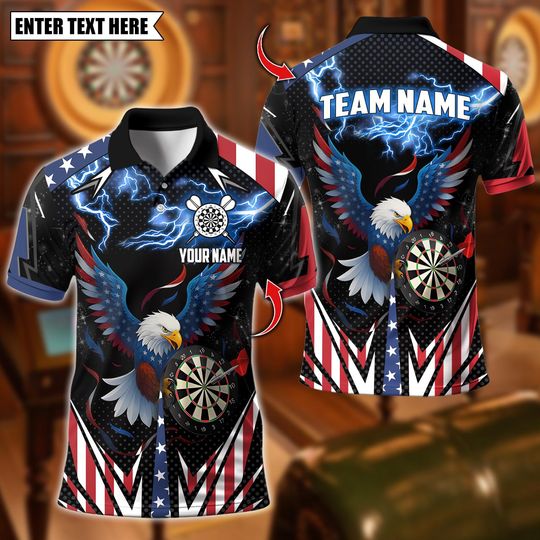 Discover Personalized Name Dart Polo Shirt, American Flag Eagle Lightning Dartboard Design Polo ,Custom Team Shirt for Men, Gift for Darts Players