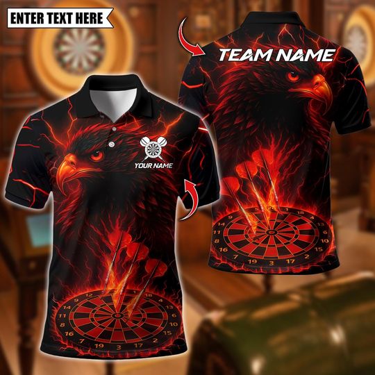 Discover Personalized Name Dart Polo Shirt, Lightning Eagle Dartboard Design Polo ,Custom Team Shirt for Men, Gift for Darts Players