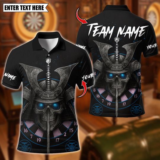Discover Personalized Name Dart Polo Shirt, Skull Samurai Dartboard Design Polo ,Custom Team Shirt for Men, Gift for Darts Players