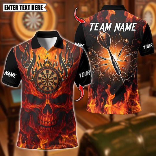 Personalized Name Dart Polo Shirt, Flaming Skull Dartboard Design Polo ,Custom Team Shirt for Men, Gift for Darts Players