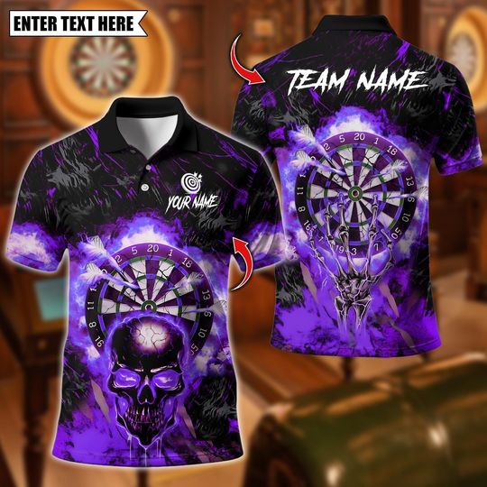 Discover Personalized Name Dart Polo Shirt, Flame Skull Dartboards  Design ,Custom Team Shirt for Men, Gift for Darts Players