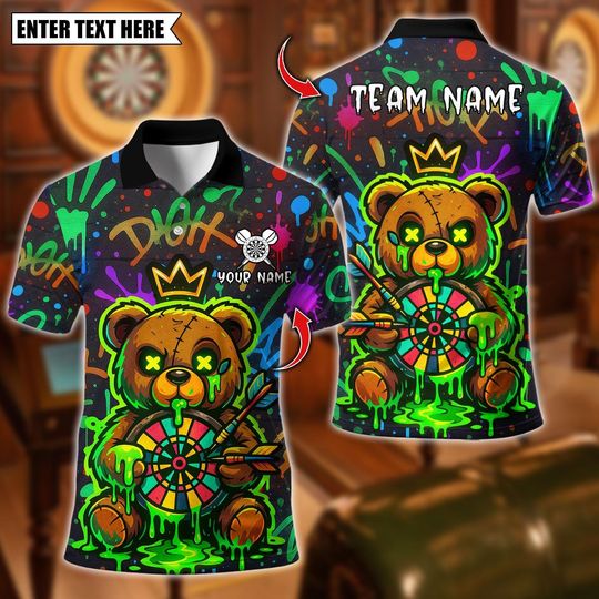 Discover Personalized Name Dart Polo Shirt, Teddy Love Bear Dartboard Design ,Custom Team Shirt for Men, Gift for Darts Players