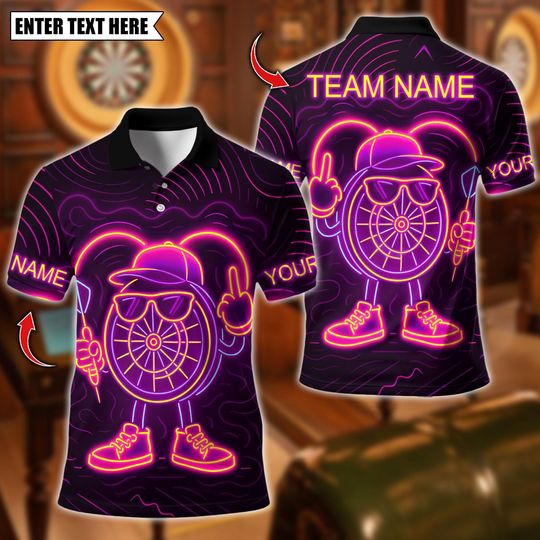 Discover Personalized Name Dart Polo Shirt, Cool Neon Dartboard Design ,Custom Team Shirt for Men, Gift for Darts Players