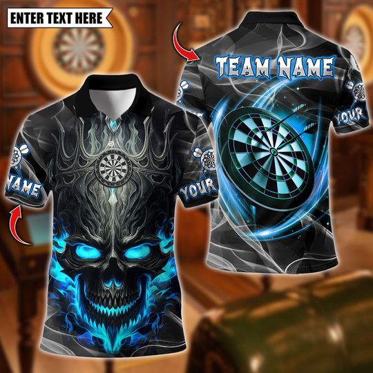 Discover Personalized Name Dart Polo Shirt, Flame Crown Skull Dartboard Design ,Custom Team Shirt for Men, Gift for Darts Players