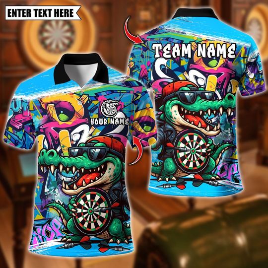 Discover Personalized Name Dart Polo Shirt, Graffiti Crocodile Dartboard Design ,Custom Team Shirt for Men, Gift for Darts Players