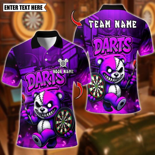 Discover Personalized Name Dart Polo Shirt, Halloween Bear With Dartboard Design ,Custom Team Shirt for Men, Gift for Darts Players