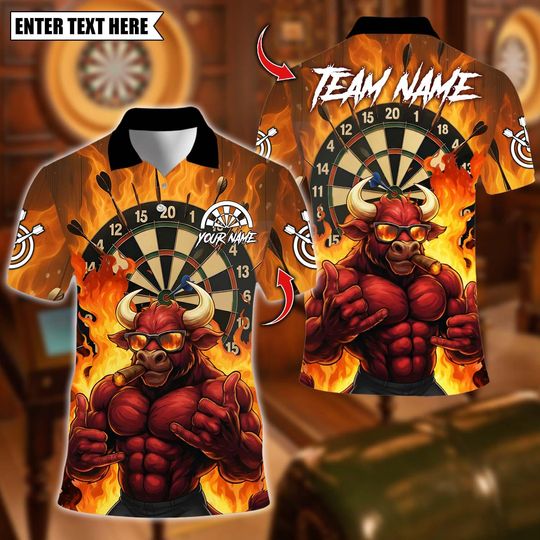 Discover Personalized Name Dart Polo Shirt, Smoking Bull Flame Dartboard King Design ,Custom Team Shirt for Men, Gift for Darts Players