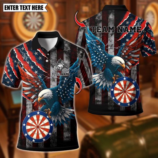 Discover Personalized Name Dart Polo Shirt, Eagle American Flag Lightning Dartboard King Design ,Custom Team Shirt for Men, Gift for Darts Players