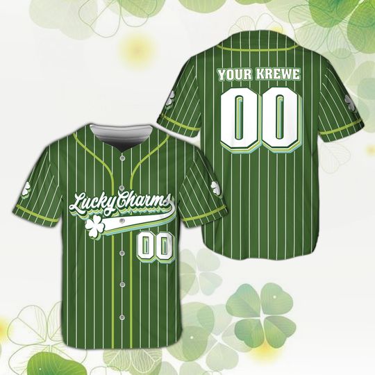 Discover Personalized St Patricks Day Baseball Jersey, Custom Lucky Charms Shamrock Irish Krewe Name Number Shirt, Green Pinstripe Parade Party Top