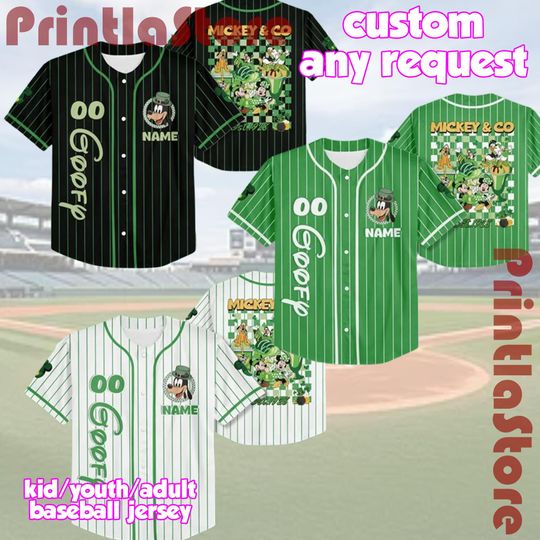 Discover Custom Goofy St. Patricks Day Baseball Jersey, Disney St Paddy Shamrock Shirt, Mickey & Friends Family Matching Outfit