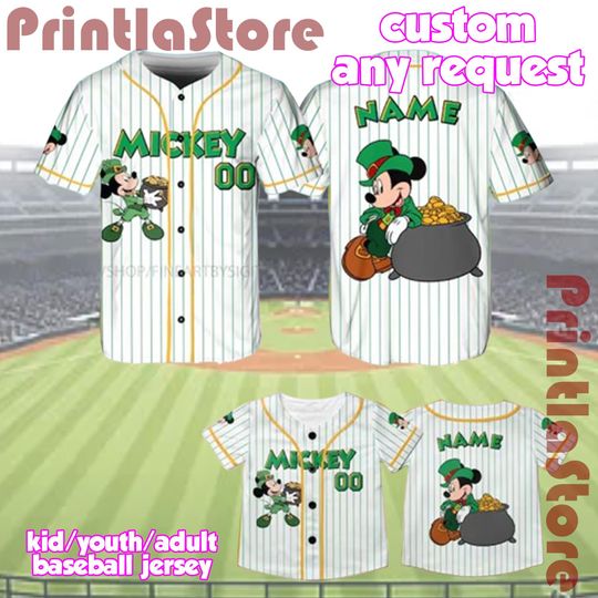 Discover Disney Mickey Mouse St. Patricks Day Baseball Jersey, Irish Shamrock Lucky Green Shirt, Four Leaf Gift