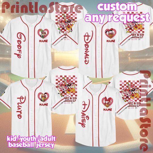 Discover Personalized Disney Characters Valentine Baseball Jersey, Custom Mickey & Friends Valentine Shirt, Disney Couple Gift