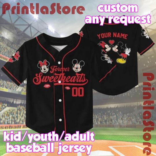 Personalized Mickey & Minnie Black Jersey  Custom Disney Valentine Baseball Shirt for Kid, Youth, Adult, Cute Couple Outfit