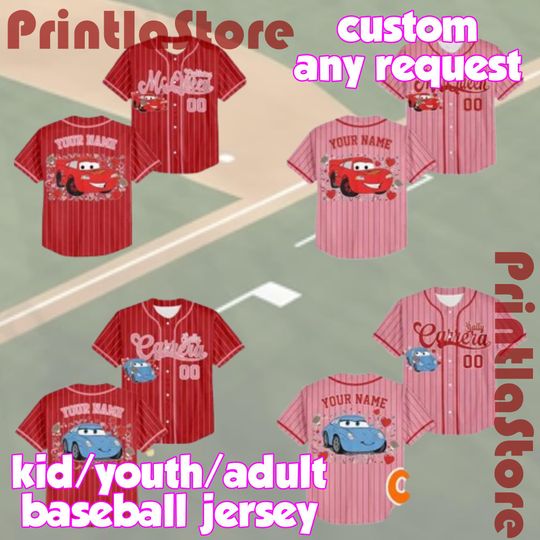 Discover Personalized McQueen & Sally Valentine 2026 Jersey  Custom Disney Cars Baseball Jersey Gift for Kids, Youth, and Adults