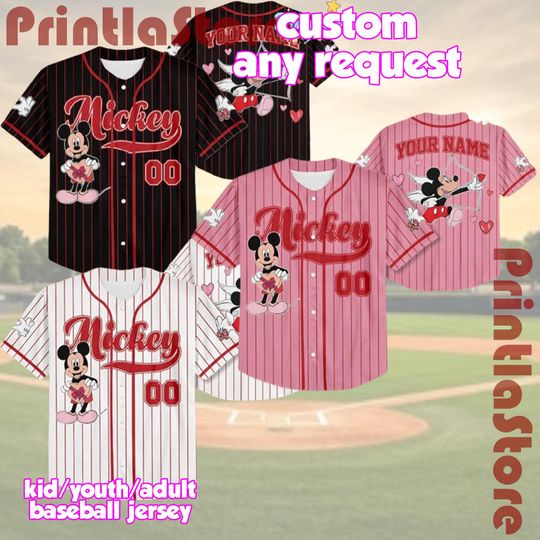 Discover Personalized Disney Mickey Valentine Baseball Jersey, Custom Name Number Shirt for Kids Youth Adults, Valentine Family Outfit Gift
