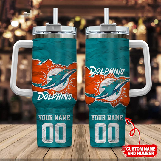 Discover Custom Name And Number Miami Dolphins football Tumbler 40oz With Handle