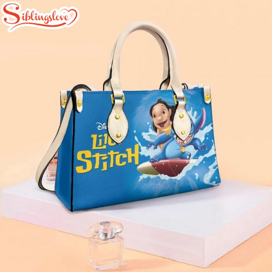 Discover Lilo And Stitch Surfing On The Sea Leather Handbag