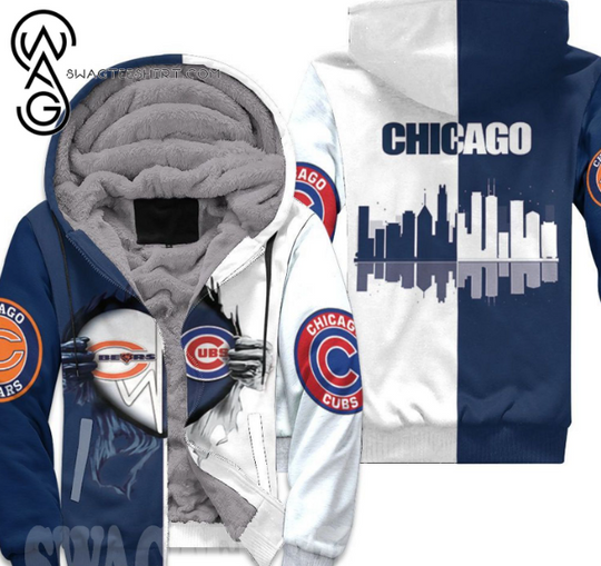 Chicago Bears Chicago Cubs Heartbeat Love Ripped All Over Print Fleece Hoodie