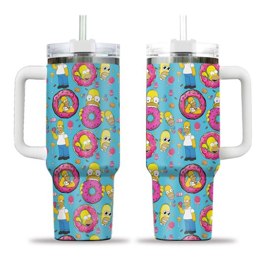 Simpsons Tumbler Cup, Cartoon Donut Pattern Stainless Steel Insulated, Vacuum Coffee Travel Mug With Straw, Cute Simpsons Gift
