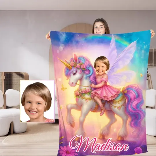 Discover Personalized Unicorn Fairy Blanket Personalized Photo & Name Fleece Blanket