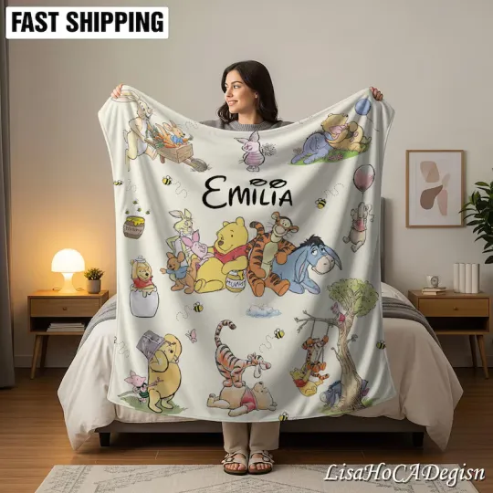 Discover Personalized Winnie The Pooh Blanket, Custom Name Fleece Blanket