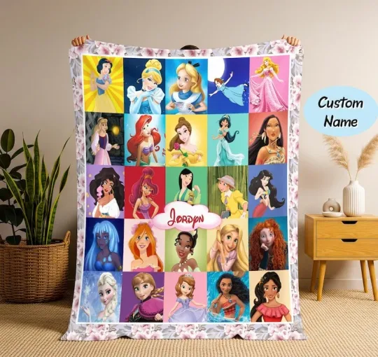 Personalized Disney Princess Fleece Blanket, Belle Rapunzel Tiana Fleece Blanket
