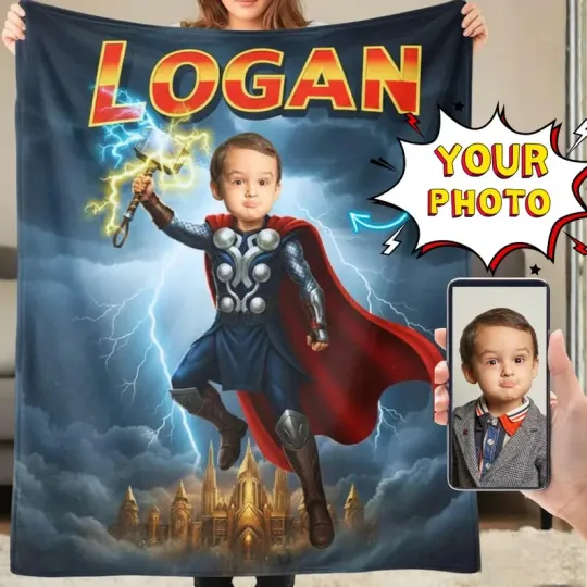 Personalized Thor Boys Superhero Blanket: Custom Photo Fleece Blanket