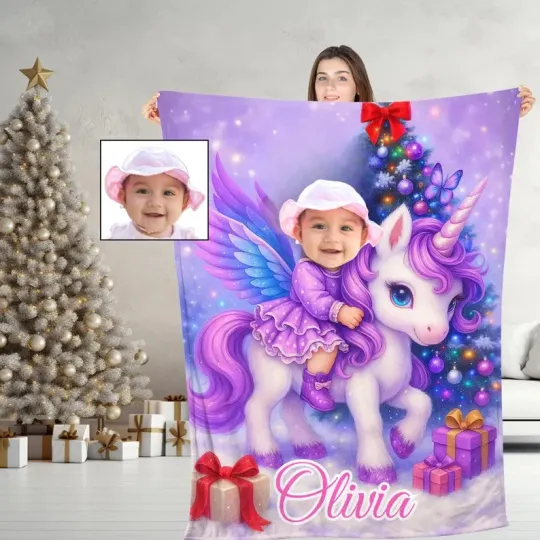 Discover Personalized Christmas Unicorn Princess Personalized Photo & Name Fleece Blanket