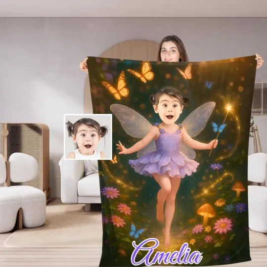 Discover Personalized Purple Fairy Butterfly Personalized Photo & Name Fleece Blanket