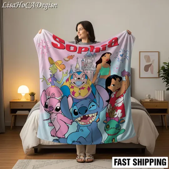 Discover Custom Name Blue Alien Cartoon Blanket, Personalized Cute Cartoon Fleece Blanket