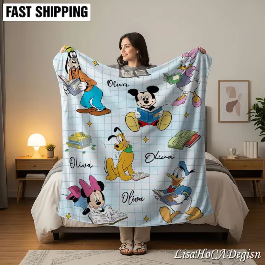 Discover Custom Name Cute Mickey Mouse & Friends Reading Books Fleece Blanket
