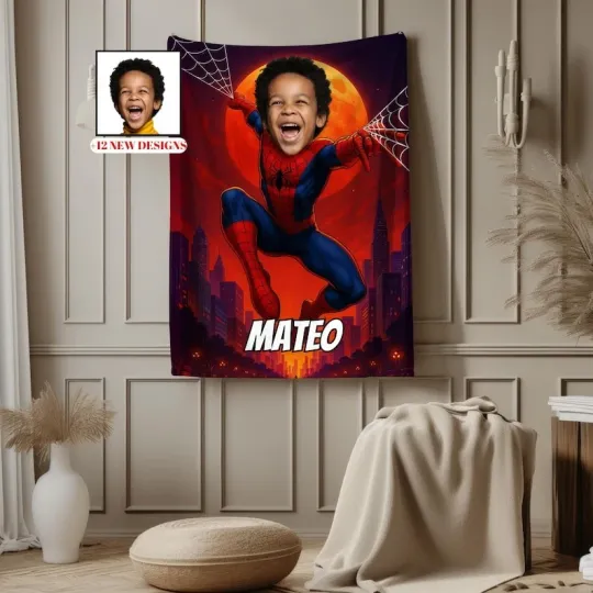 Discover Personalized Spider SuperHero Custom Photo & Name Fleece Blanket