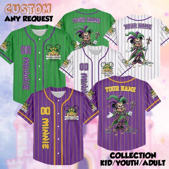 Discover Custom Minnie Mardi Gras Baseball Jersey, Disney Minnie And Friends Festival Shirt, New Orleans Trip Jersey, Disney World Family Trip