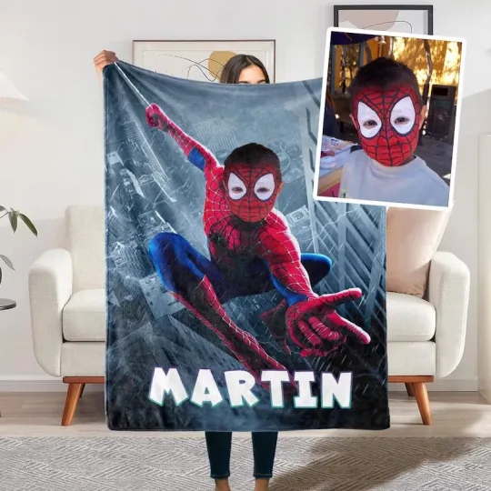 Discover Custom Superhero Spider Man Photo Blanket With Cartoon Name Fleece Blanket