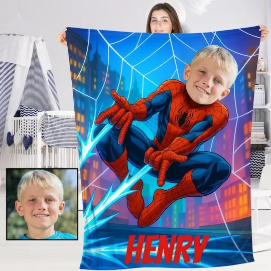Discover Custom Spider Boy Blanket,Personalized Baby Photo & Name Fleece Blanket
