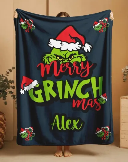Discover Personalized funny character Merry Grin Christmas Pattern Navy Cozy Fleece Blanket